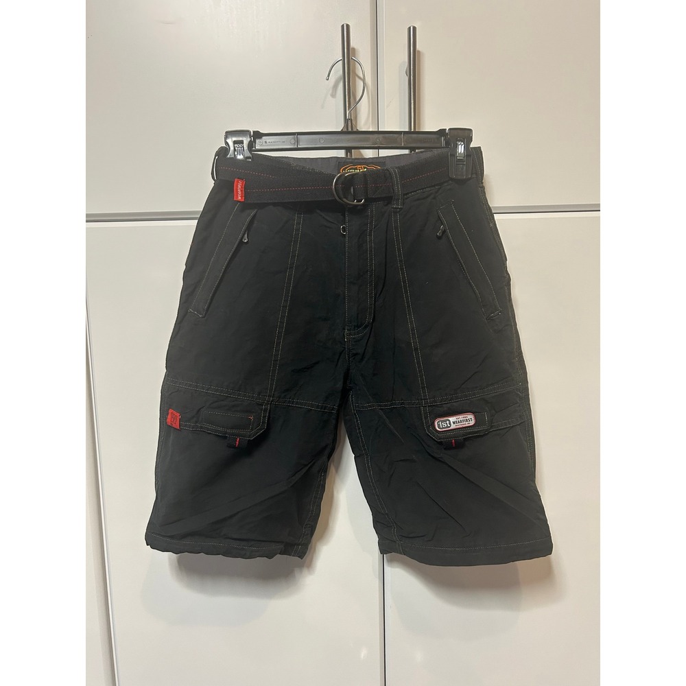WearFirst Mens Black Cargo Shorts with Belt Contrast Stitch Utility Pockets